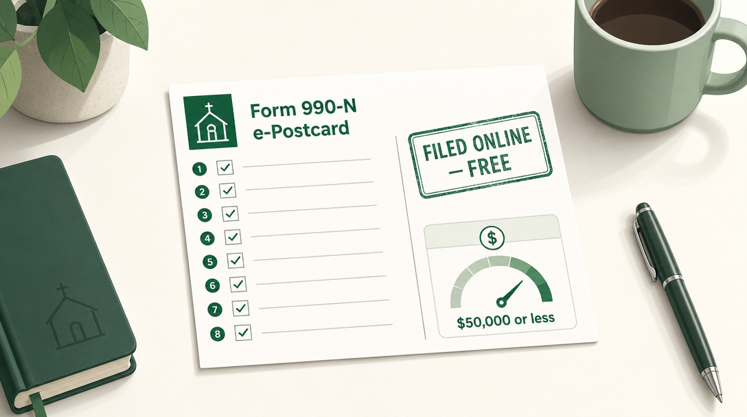 Form 990-N, the IRS e-Postcard, shown as a short eight-question online filing for small tax-exempt nonprofits with gross receipts of $50,000 or less.