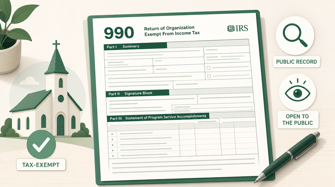 IRS Form 990, the public annual information return most tax-exempt nonprofits file, with a church set apart as exempt.