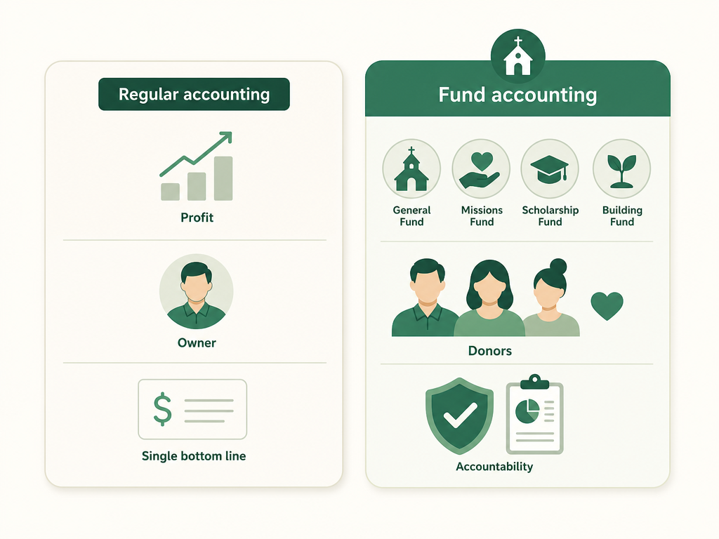 A side-by-side comparison card of regular accounting versus fund accounting: goal, who you answer to, how equity is shown, and the main reports.