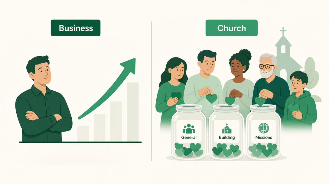 A split illustration: a business tracking one profit bottom line for its owner, versus a church tracking many labeled funds for its donors.