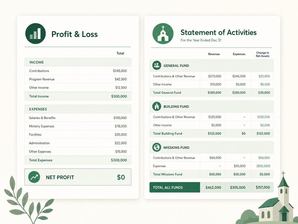 Two report layouts side by side: a business profit-and-loss statement with one net profit line, and a church statement of activities broken out by fund.