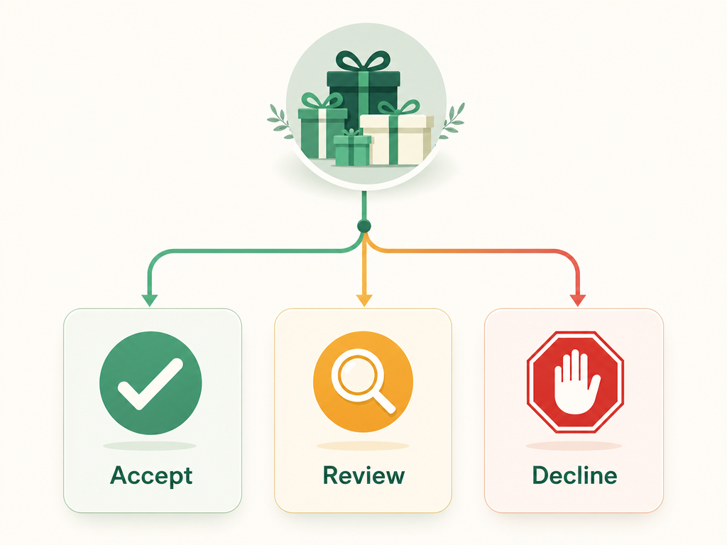 A three-lane gift triage: incoming gifts sorted into Accept (green check), Review (amber magnifier), and Decline (red stop).