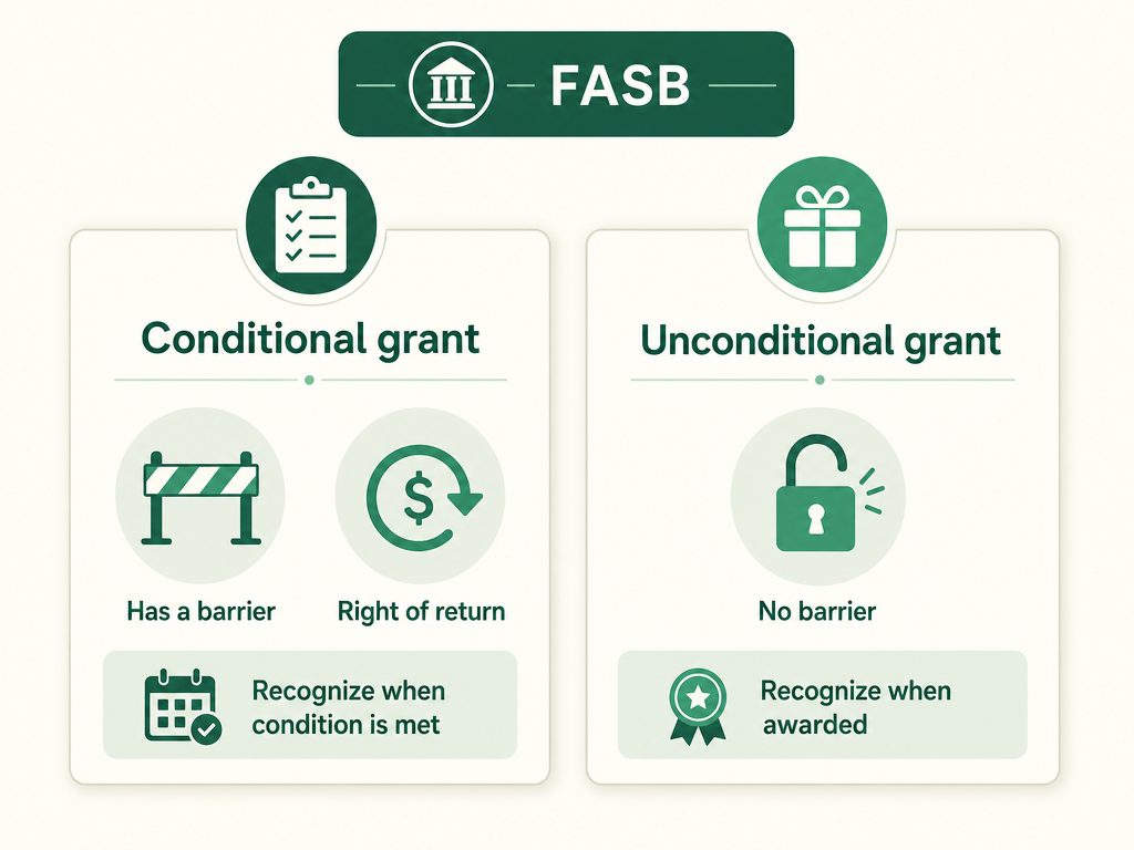 Conditional grants have a barrier and a right of return and are recognized as revenue only when the condition is met; unconditional grants have no barrier and are recognized when awarded.