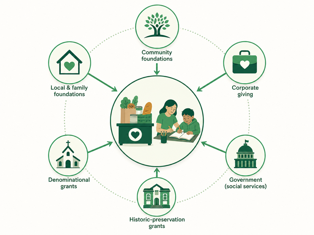 Realistic grant sources for a church arranged around a food pantry and after-school program: community foundations, local and family foundations, corporate giving, denominational grants, government social-service grants, and historic-preservation grants.