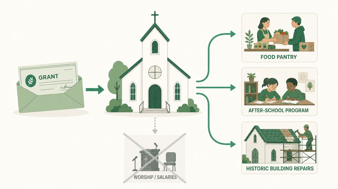 A small church with a grant flowing not to its steeple but to the community programs it runs — a food pantry, an after-school room, and its historic building.