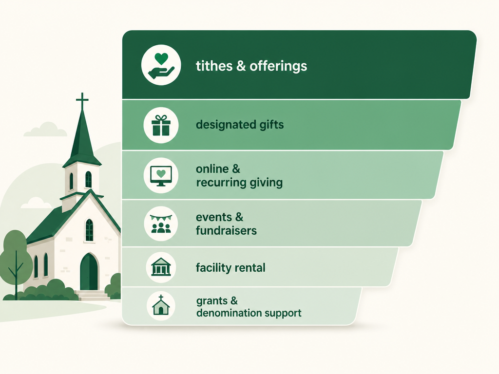 A church's income sources sized by how much they typically contribute — a large slice for tithes and offerings, then smaller slices for designated gifts, online and recurring giving, events, facility rental, and grants.