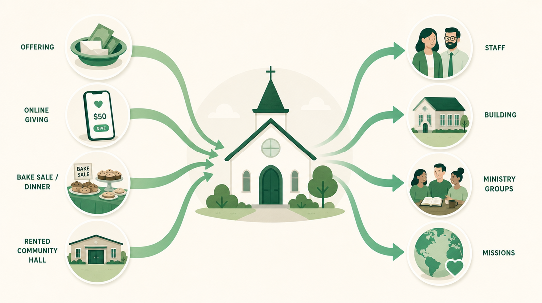 A small church with its income sources flowing in — offering plates, an online giving phone, a bake-sale table, a rented hall — and flowing back out to staff, building, ministry, and missions.