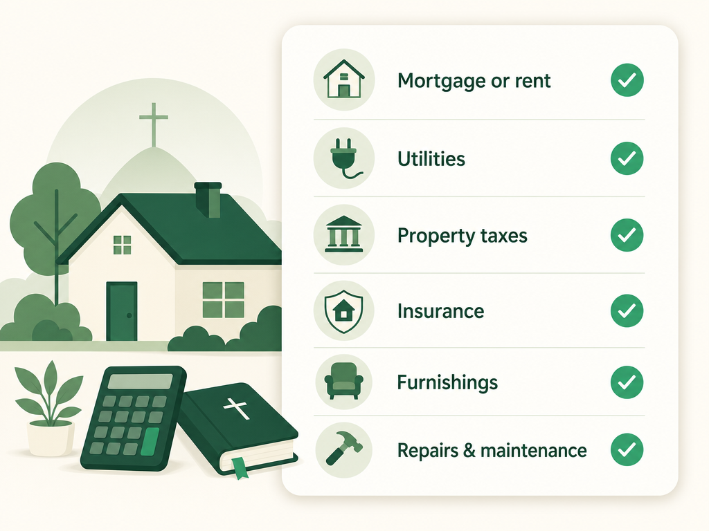 A checklist of eligible housing-allowance expenses: mortgage or rent, utilities, property taxes, insurance, furnishings, repairs and maintenance.