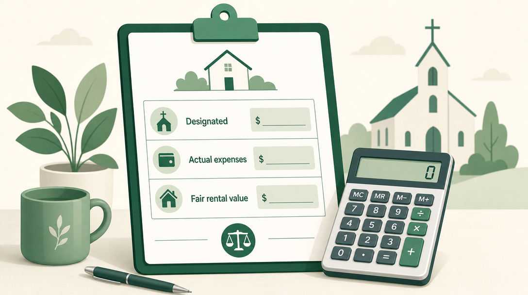 A worksheet calculating a minister's housing allowance from designated amount, actual expenses, and fair rental value.