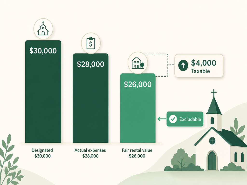 A worked example: designated $30,000, actual expenses $28,000, fair rental value $26,000, so the excludable amount is $26,000 and $4,000 is taxable.
