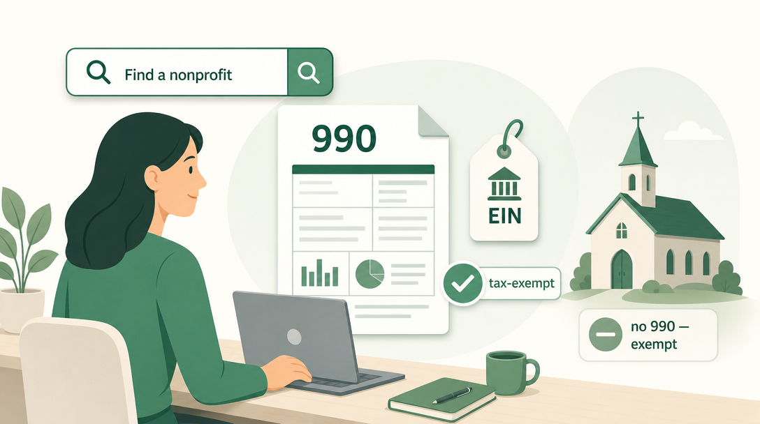 Looking up a nonprofit's Form 990, EIN, and tax-exempt status with free public search tools, with a church set apart as exempt.