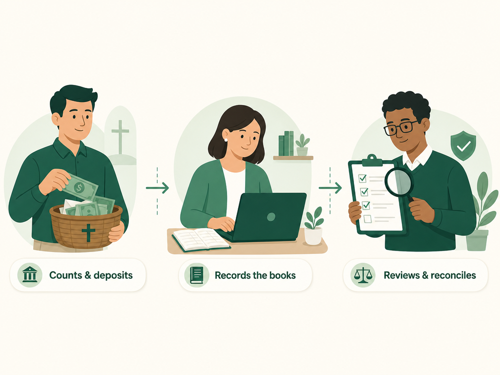 Three different people each hold one job — one counts and deposits, one records the books, one reviews and reconciles — so no single person controls a whole transaction.
