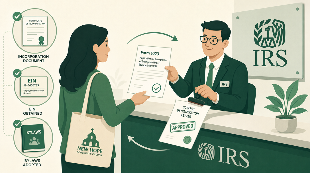 A nonprofit submitting Form 1023 to the IRS and receiving a 501(c)(3) determination letter, with its incorporation, EIN, and bylaws already in place.