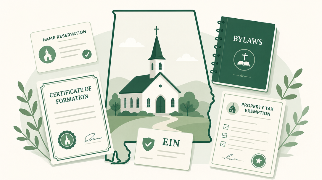 A new Alabama church inside the outline of the state, surrounded by its founding paperwork — a name reservation, the Domestic Nonprofit Certificate of Formation, an EIN, adopted bylaws, and a county property tax exemption.