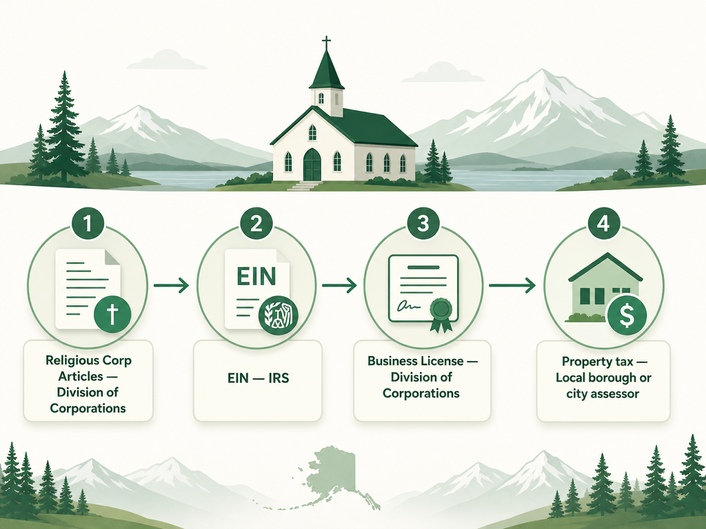 A four-step Alaska church formation flow: file Domestic Religious Corporation Articles of Incorporation with the Division of Corporations, get an EIN from the IRS, get an Alaska business license, and claim the local property-tax exemption through your borough or city.