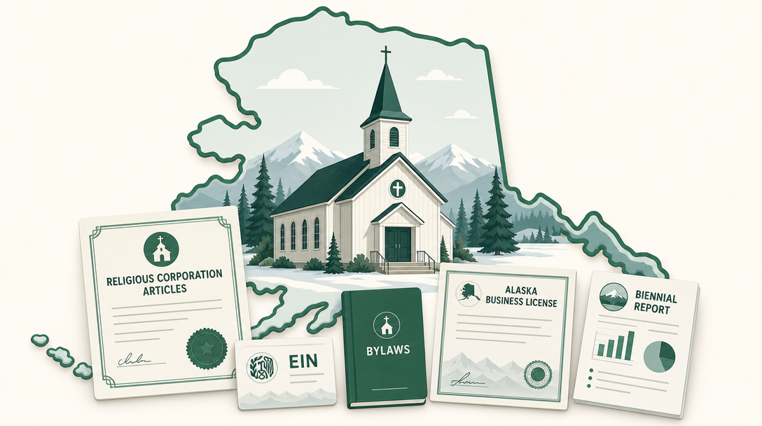 A new Alaska church inside the outline of the state, surrounded by its founding paperwork — Domestic Religious Corporation Articles of Incorporation, an EIN, bylaws, an Alaska business license, and the biennial report.
