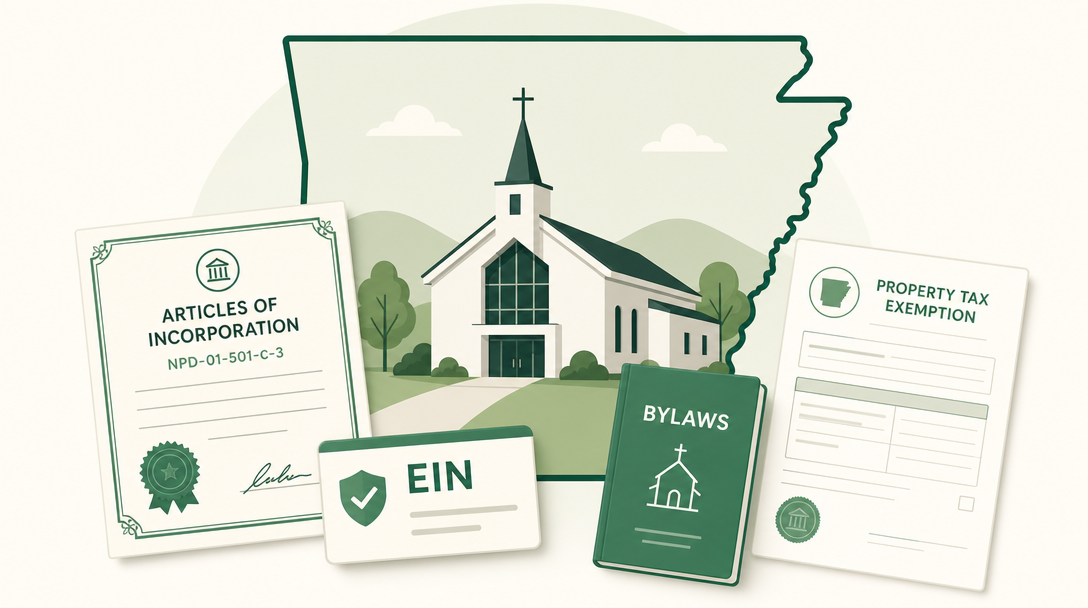 A new Arkansas church surrounded by its founding paperwork — Articles of Incorporation (Form NPD-01-501-c-3), an EIN, bylaws, and a county property-tax exemption application.
