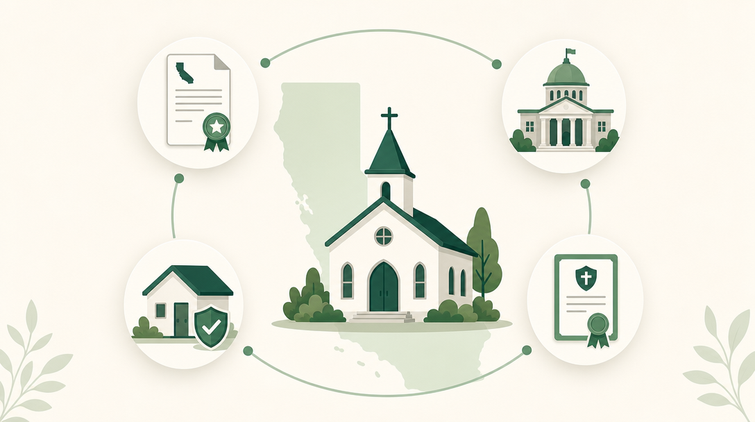 A new California church at the center of its state filings — Form ARTS-RE with the Secretary of State, FTB and property-tax exemptions, against a California outline.
