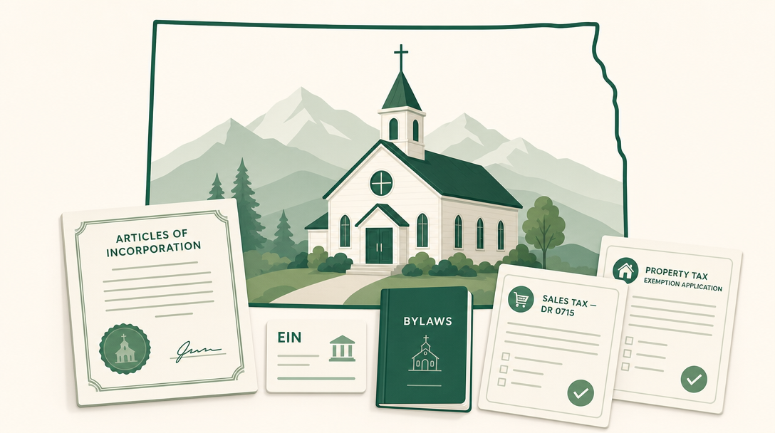 A new Colorado church inside the outline of the state, surrounded by its founding paperwork — Articles of Incorporation, an EIN, bylaws, the DR 0715 sales tax exemption, and the religious property tax exemption.