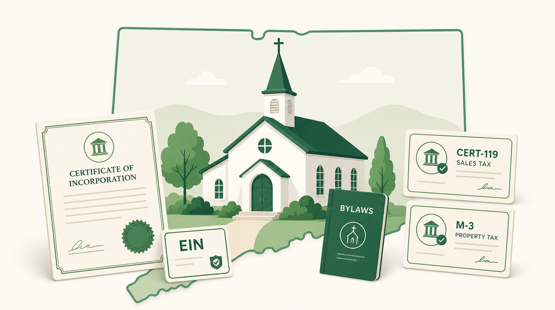 A new Connecticut church surrounded by its founding paperwork — a nonstock Certificate of Incorporation, an EIN, bylaws, the CERT-119 sales tax certificate, and the M-3 property tax exemption form.