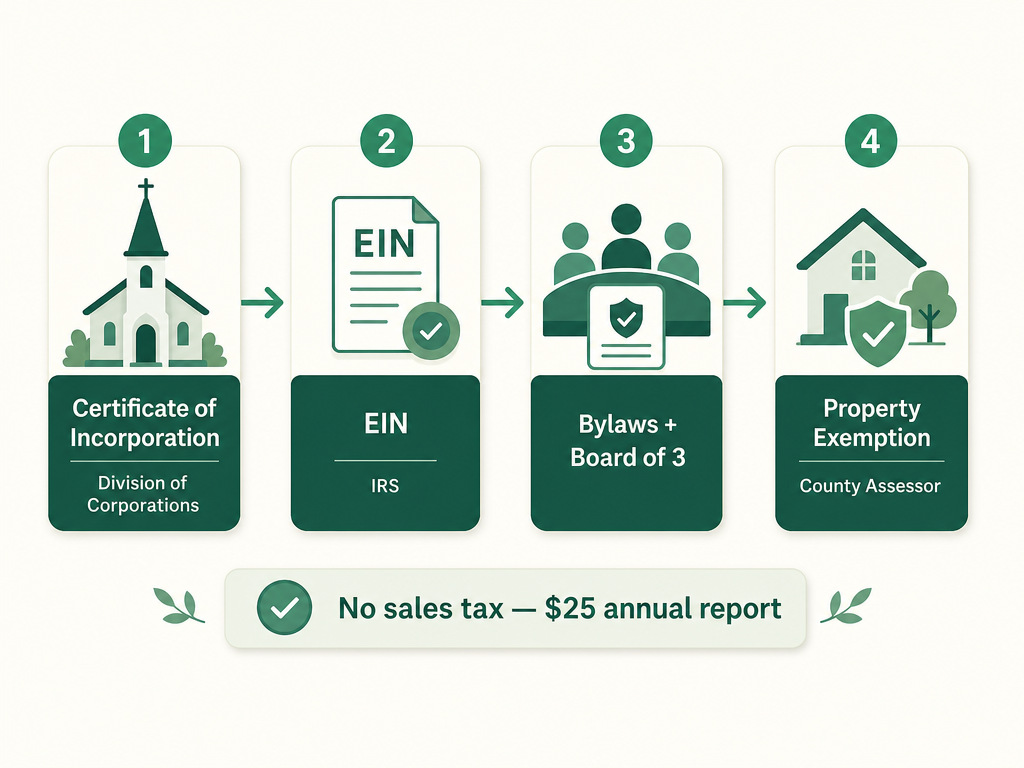 A four-step Delaware church formation flow: file the exempt Certificate of Incorporation with the Division of Corporations, get an EIN from the IRS, adopt bylaws and seat a board, and claim the county property tax exemption. A side note reads 'no sales tax, $25 annual report.'