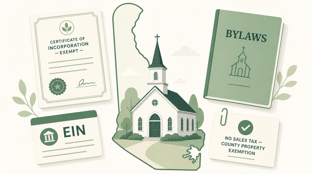 A new Delaware church inside the outline of the state, surrounded by its founding paperwork — an exempt Certificate of Incorporation, an EIN, bylaws, and a note reading 'no sales tax, county property exemption.'