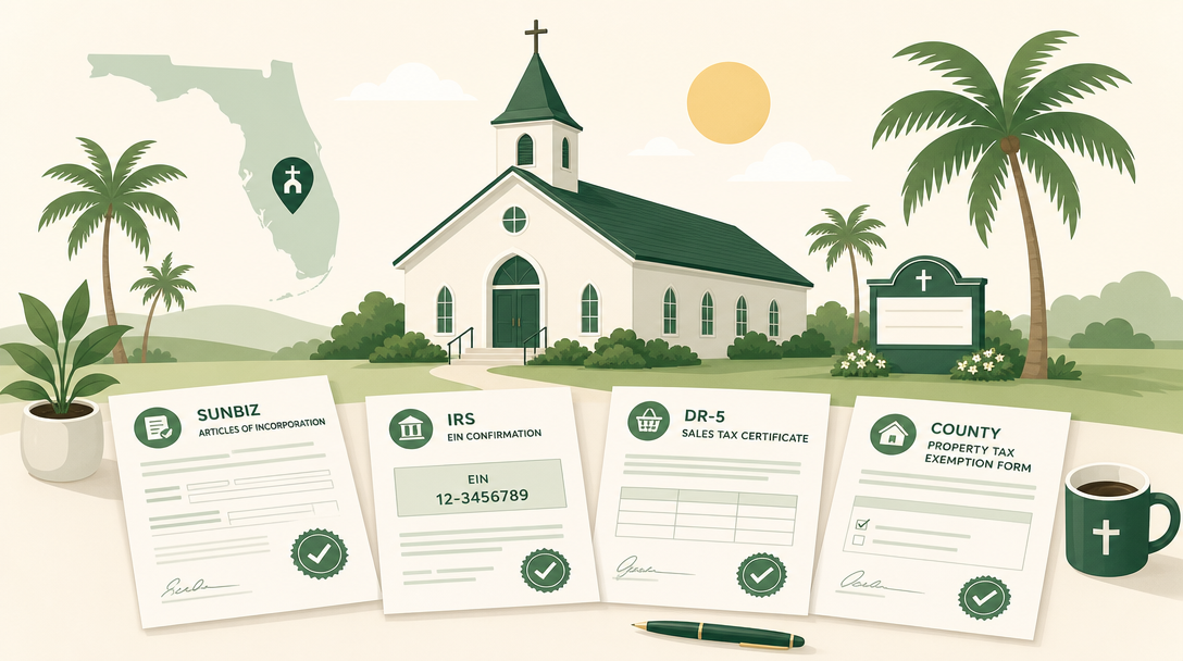 A Florida church surrounded by its formation paperwork — Sunbiz Articles of Incorporation, an IRS EIN, a DR-5 sales tax certificate, and a county property tax exemption form.
