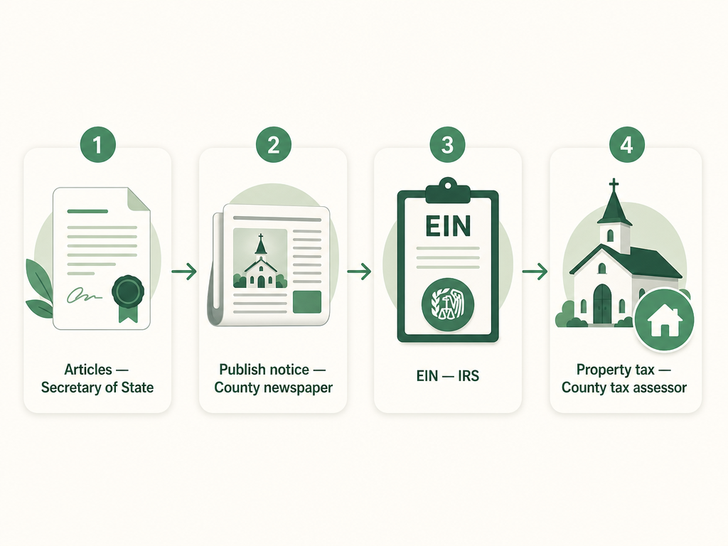 A four-step Georgia church formation flow: file nonprofit articles of incorporation with the Secretary of State, publish a notice of intent to incorporate in the county legal-organ newspaper, get an EIN from the IRS, and apply for the places-of-worship property tax exemption with the county tax assessor.