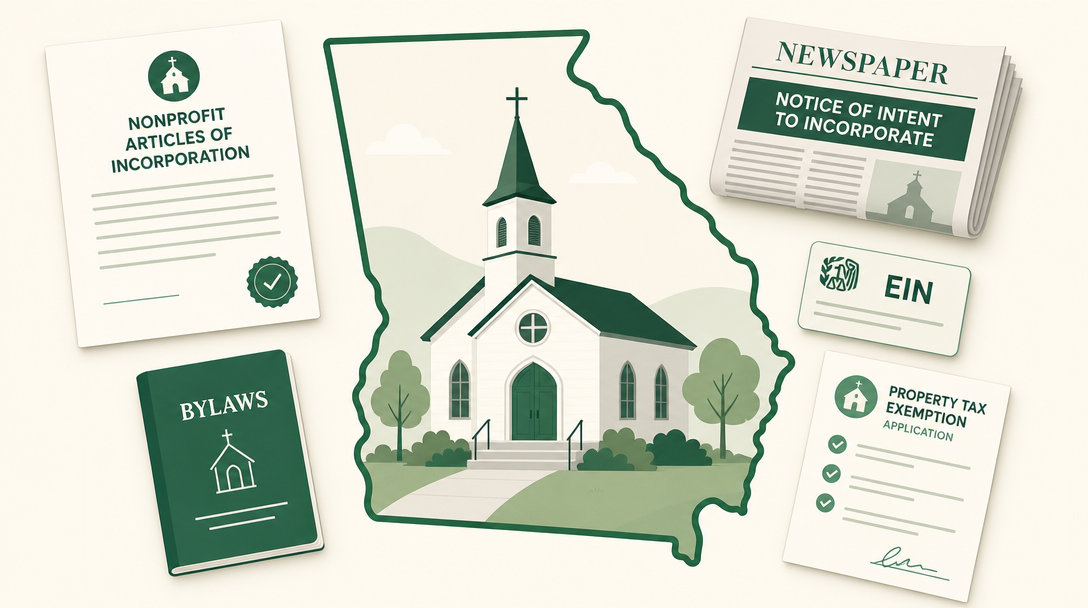 A new Georgia church surrounded by its founding paperwork — nonprofit articles of incorporation, a newspaper notice of intent to incorporate, an EIN, bylaws, and a county property tax exemption application.