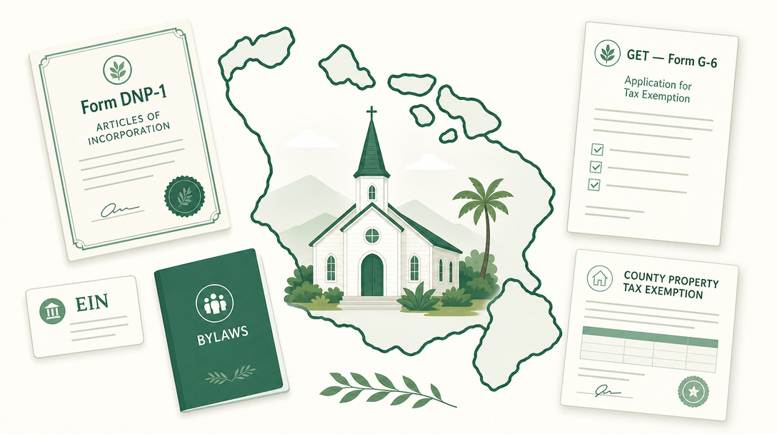 A new Hawaii church inside the outline of the islands, surrounded by its founding paperwork — Articles of Incorporation (Form DNP-1), an EIN, bylaws, the General Excise Tax exemption (Form G-6), and a county property tax exemption.