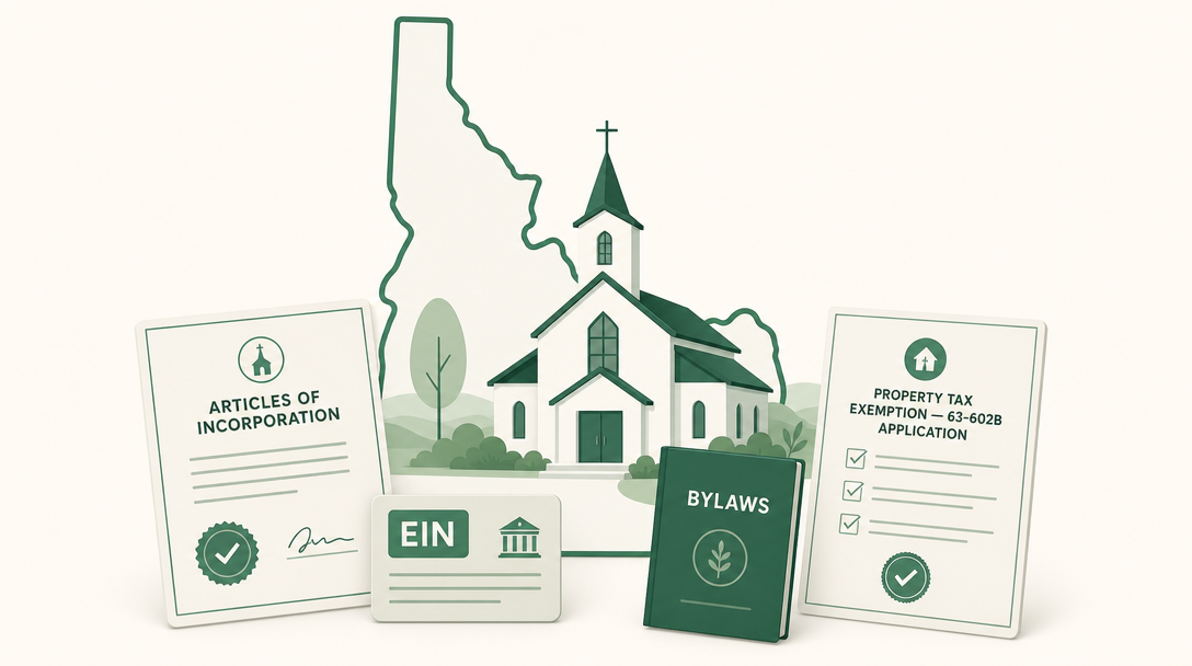 A new Idaho church inside the outline of the state, surrounded by its founding paperwork — Articles of Incorporation filed with the Secretary of State, an EIN, adopted bylaws, and the county property tax exemption application under Idaho Code 63-602B.