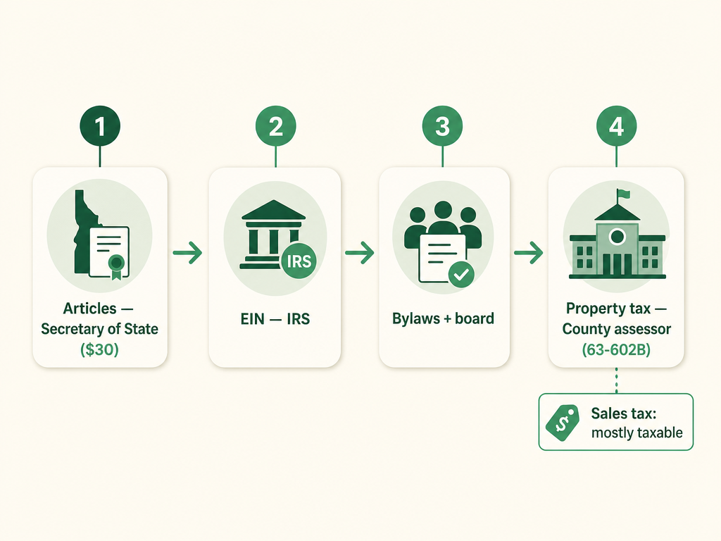 A four-step Idaho church formation flow: file Articles of Incorporation with the Idaho Secretary of State, get an EIN from the IRS, adopt bylaws and seat a board, then claim the property tax exemption with the county assessor under Idaho Code 63-602B while budgeting for sales tax with the State Tax Commission.