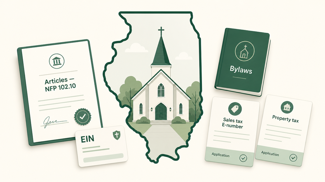 A new Illinois church surrounded by its founding paperwork — Articles of Incorporation (Form NFP 102.10), an EIN, bylaws, and the Illinois sales tax E-number and property tax exemption applications.