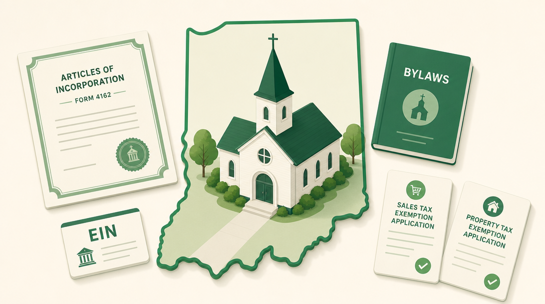 A new Indiana church inside the outline of the state, surrounded by its founding paperwork — Articles of Incorporation (Form 4162), an EIN, bylaws, and the Indiana sales and property tax exemption applications.