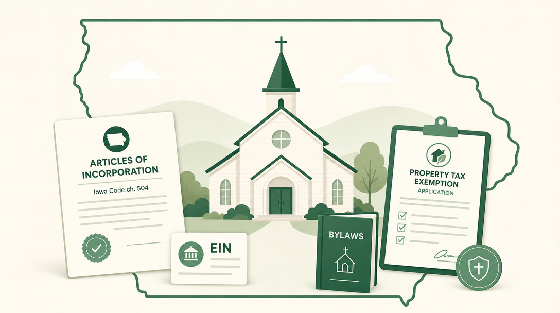 A new Iowa church inside the outline of the state, surrounded by its founding paperwork — Articles of Incorporation drafted to meet Iowa Code chapter 504, an EIN, bylaws, and the Iowa religious property tax exemption application.