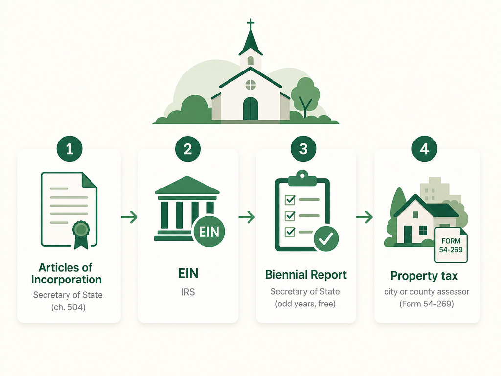 A four-step Iowa church formation flow: draft and file Articles of Incorporation to meet Iowa Code chapter 504 with the Secretary of State, get an EIN from the IRS, file the free Biennial Report in odd years, and claim the religious property tax exemption with the city or county assessor.