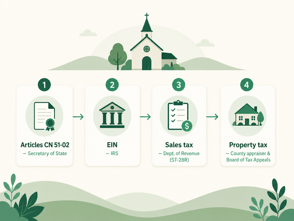 A four-step Kansas church formation flow: file Not-For-Profit Articles of Incorporation (Form CN 51-02) with the Secretary of State, get an EIN from the IRS, claim the religious sales tax exemption with the Department of Revenue, and the property tax exemption through the county appraiser and Board of Tax Appeals.