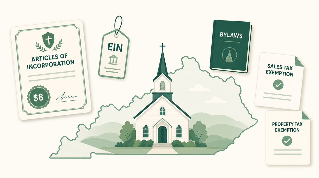 A new Kentucky church surrounded by its founding paperwork — Articles of Incorporation stamped by the Secretary of State, an EIN, bylaws, and the Kentucky sales and property tax exemption applications.