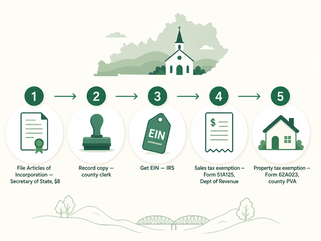 A five-step Kentucky church formation flow: file Articles of Incorporation with the Secretary of State for eight dollars, record a stamped copy with the county clerk, get an EIN from the IRS, claim the sales tax exemption with Form 51A125 from the Department of Revenue, and the property tax exemption with Form 62A023 from the county PVA.