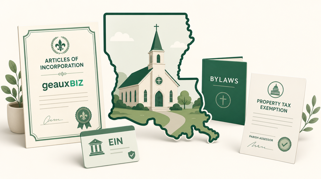A new Louisiana church inside the outline of the state, surrounded by its founding paperwork — Articles of Incorporation filed with the Secretary of State via geauxBIZ, an EIN, bylaws, and the parish property tax exemption.