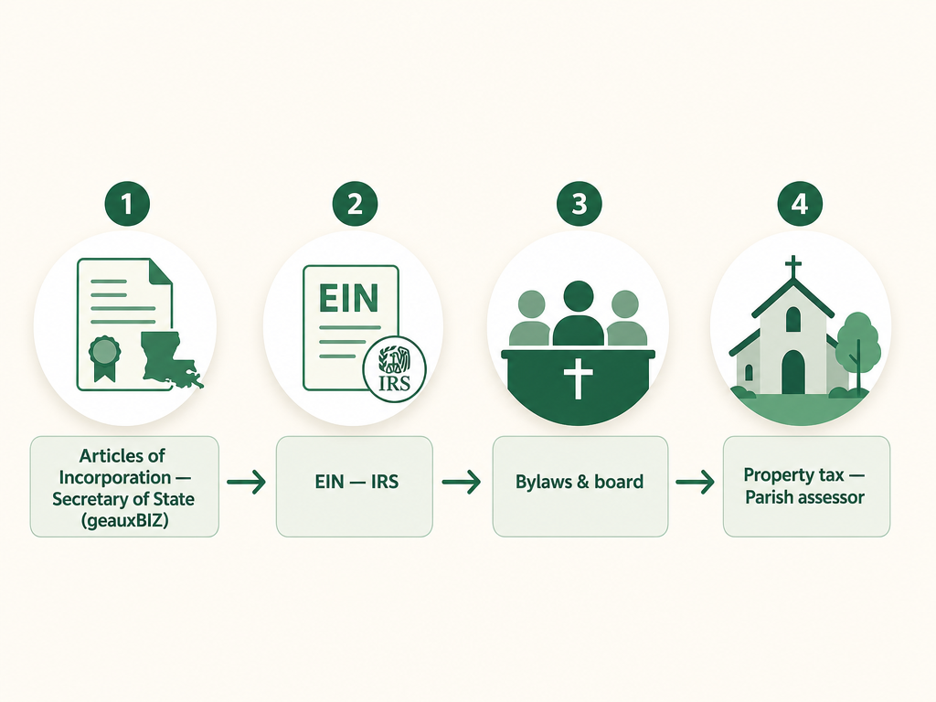 A four-step Louisiana church formation flow: file Articles of Incorporation with the Secretary of State via geauxBIZ, get an EIN from the IRS, adopt bylaws and seat a board, and claim the parish property tax exemption through the parish assessor.