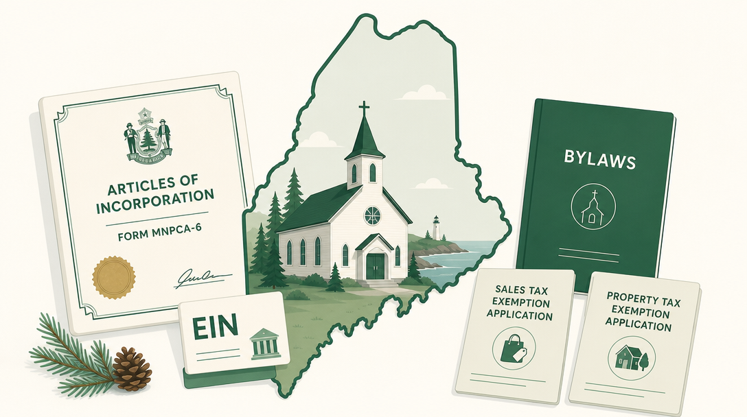 A new Maine church surrounded by its founding paperwork — Articles of Incorporation (Form MNPCA-6), an EIN, bylaws, and the Maine sales and property tax exemption applications.