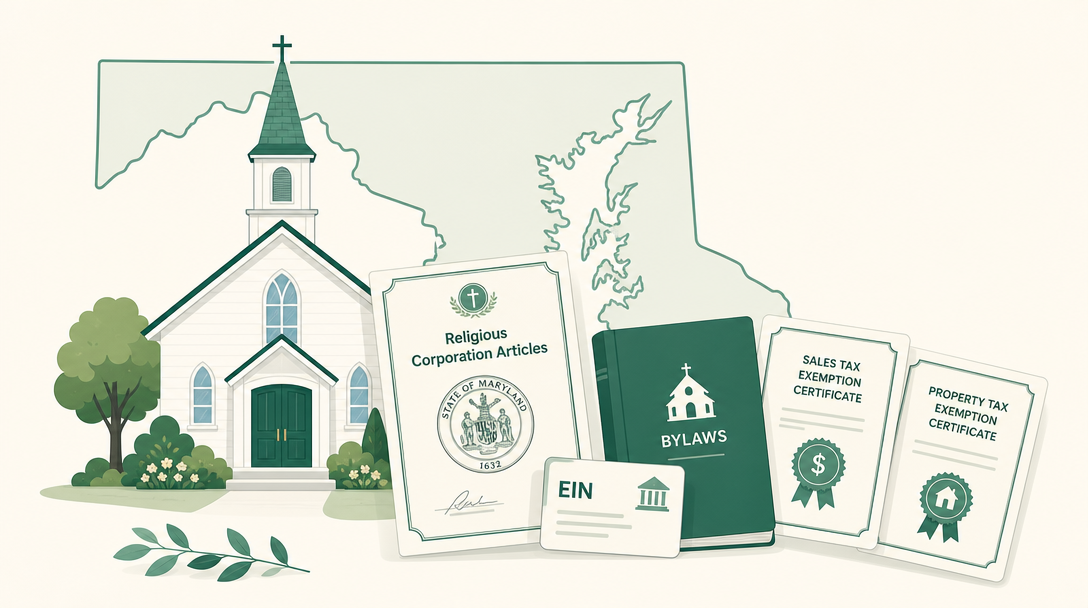 A new Maryland church surrounded by its founding paperwork — Articles of Incorporation for a Religious Corporation filed with SDAT, an EIN, bylaws, and the Maryland sales and property tax exemption applications.