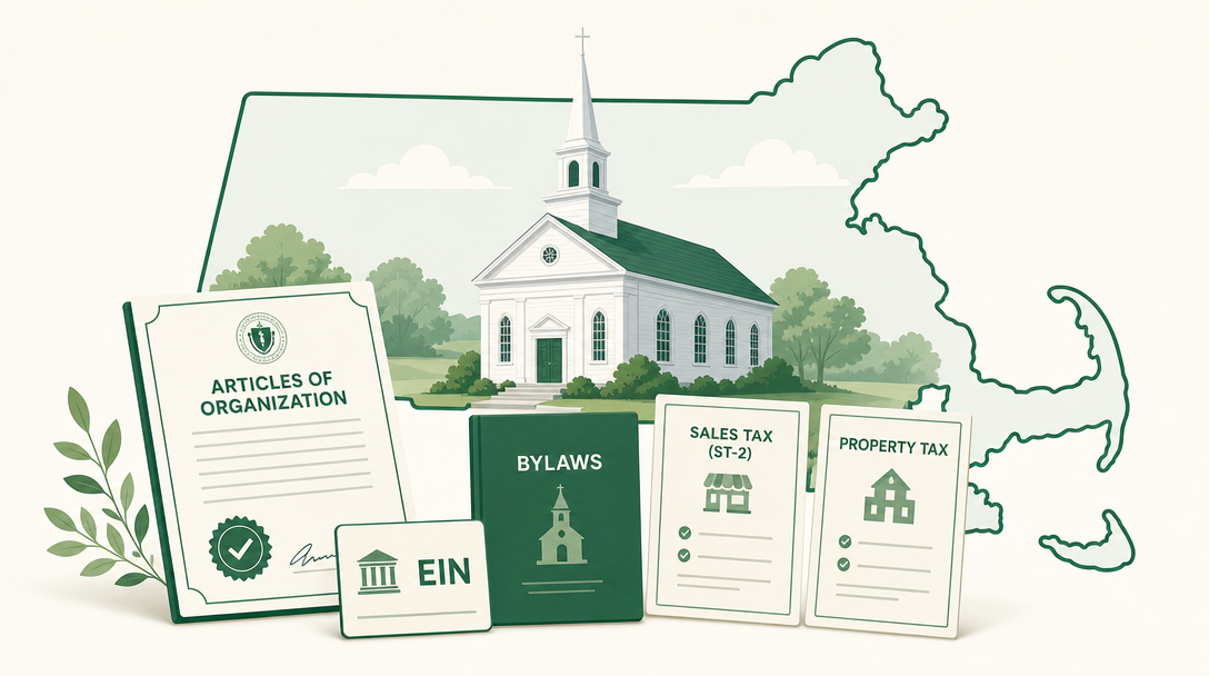 A new Massachusetts church surrounded by its founding paperwork — Articles of Organization filed with the Secretary of the Commonwealth, an EIN, bylaws, and the Massachusetts sales and property tax exemption forms.