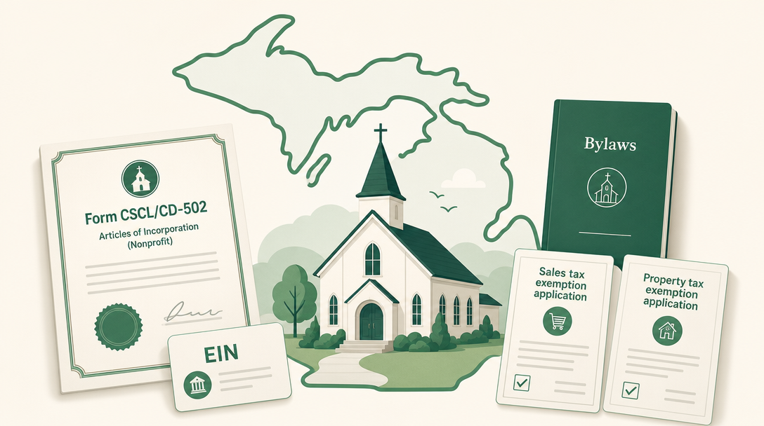 A new Michigan church surrounded by its founding paperwork — a Form CSCL/CD-502 nonprofit articles certificate, an EIN, bylaws, and the Michigan sales and property tax exemption applications.