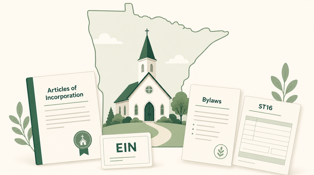 A new Minnesota church inside the outline of the state, surrounded by its founding paperwork — Articles of Incorporation (Chapter 317A), an EIN, bylaws, and the Form ST16 sales tax exemption application.