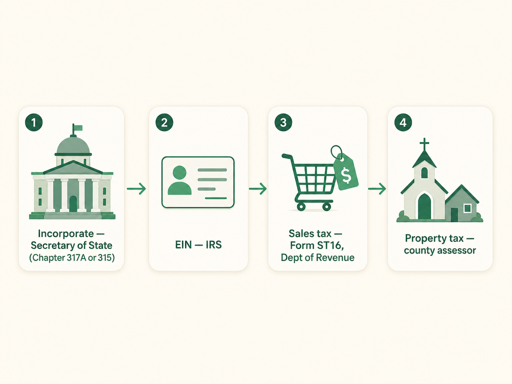 A four-step Minnesota church formation flow: incorporate with the Secretary of State under Chapter 317A or 315, get an EIN from the IRS, claim the sales tax exemption with Form ST16 from the Department of Revenue, and the property tax exemption through the county assessor.