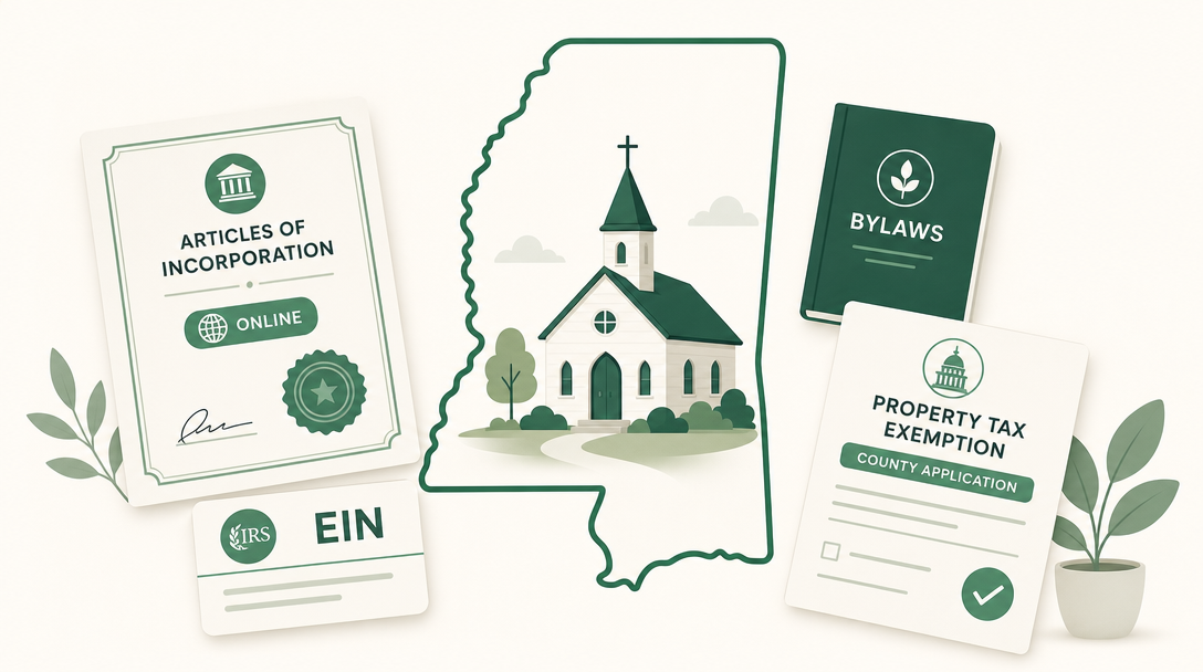 A new Mississippi church inside the outline of the state, surrounded by its founding paperwork — online Articles of Incorporation, an EIN, bylaws, and the county property tax exemption application.