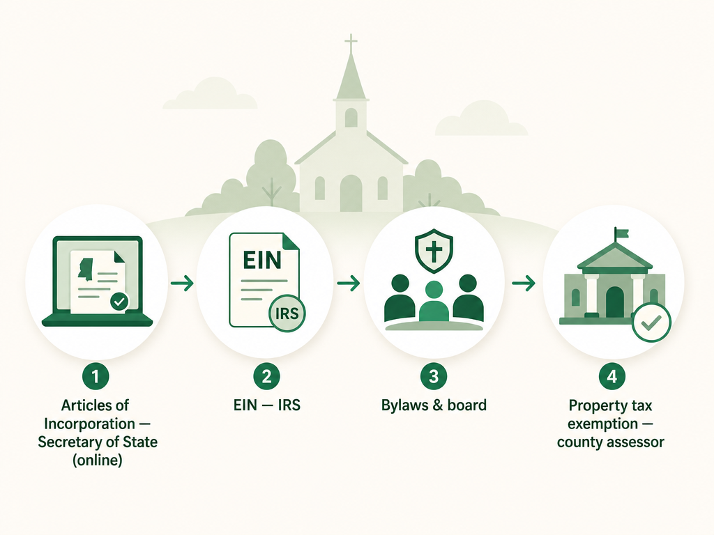 A four-step Mississippi church formation flow: file Articles of Incorporation online with the Secretary of State, get an EIN from the IRS, adopt bylaws and seat a board, and claim the property tax exemption through the county tax assessor.