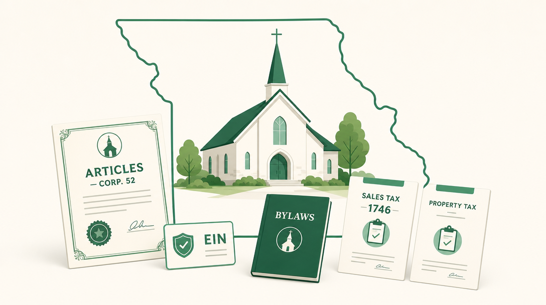 A new Missouri church surrounded by its founding paperwork — Articles of Incorporation (Form Corp. 52), an EIN, bylaws, and the Missouri Form 1746 sales tax exemption and county property tax exemption applications.